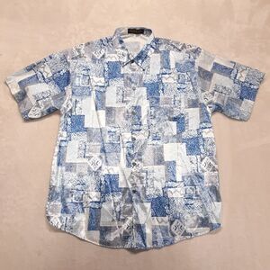 Vintage Thai Silk Mens SS Button Shirt XL Patchwork Geometric Print Blue